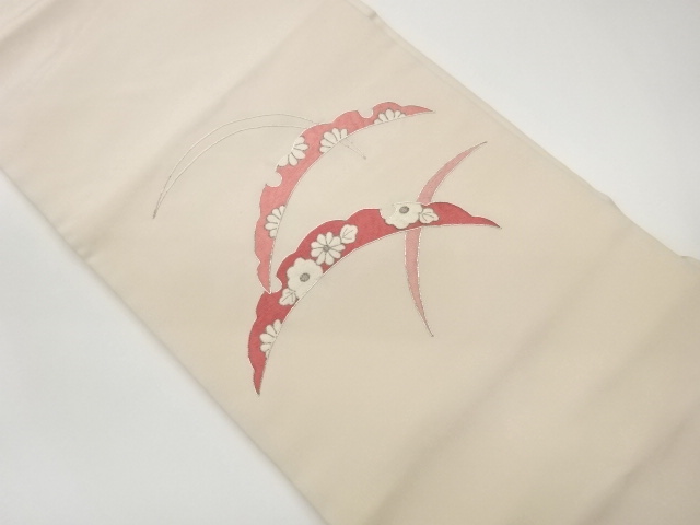 Nagoya obi with embroidery of flowers and leaves on snow lawn